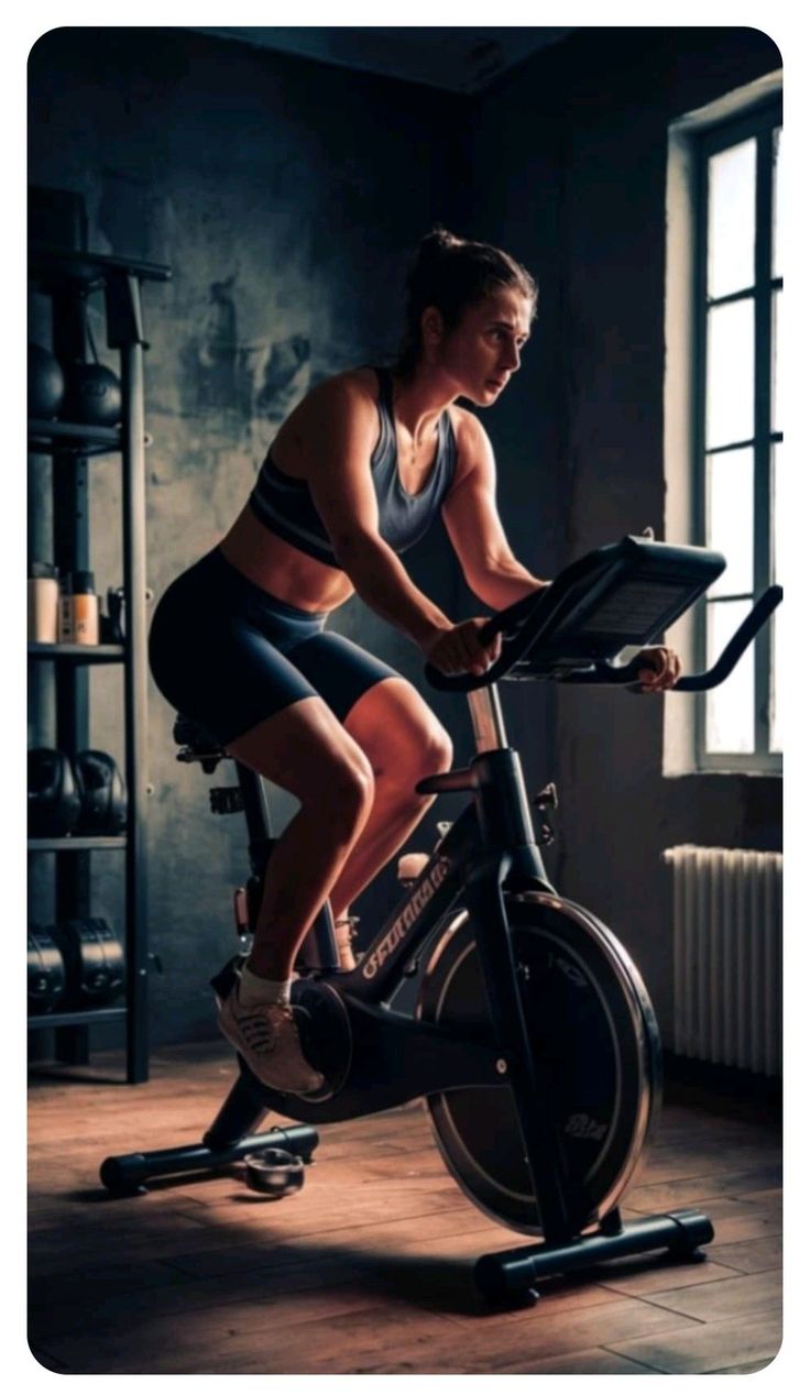Nora on her spin bike